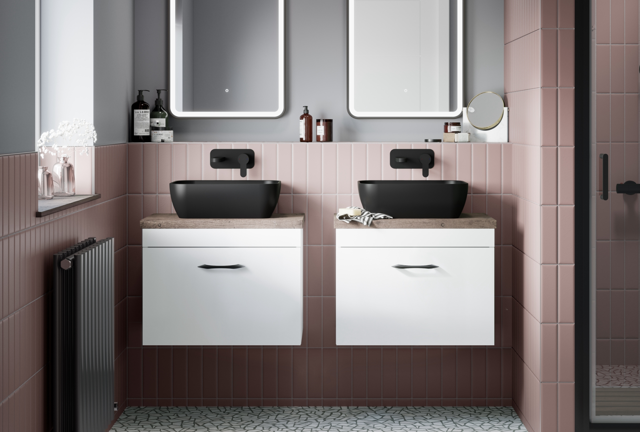 Athena wall hung bathroom vanity units with matt black vessels