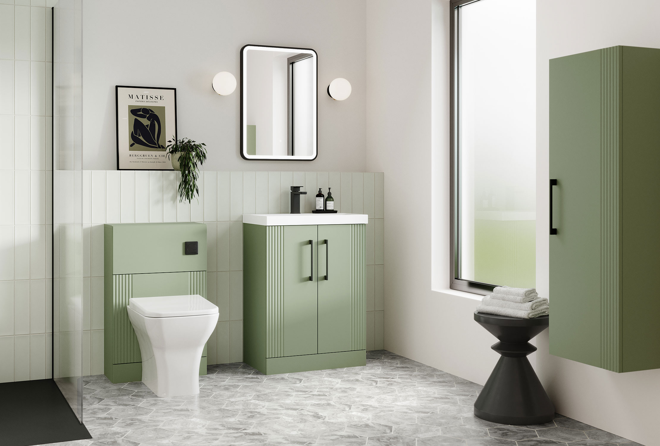 Deco fluted contemoorary bathroom furniture in satin green