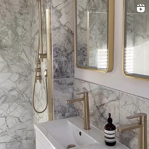 Arvan brushed brass taps, shower and mirror in a bathroom makeover